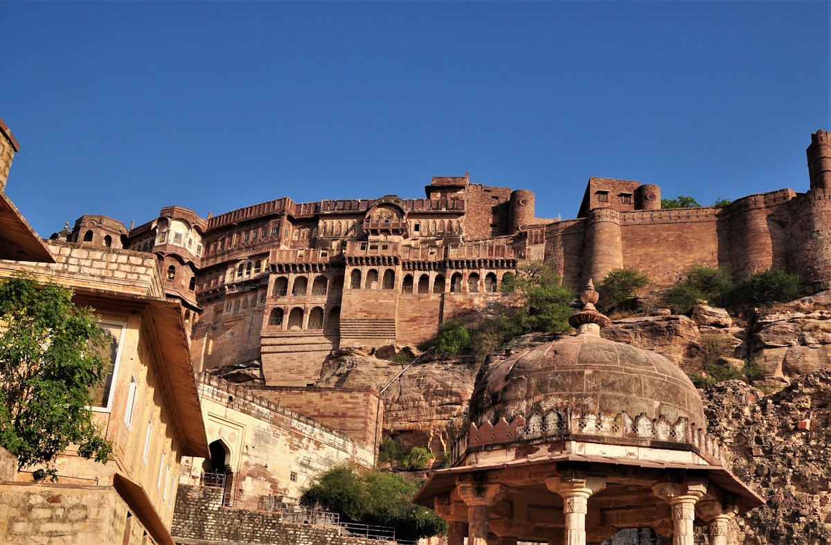 The sandstone ramparts of Mehrangarh Fort rising above Jodhpur