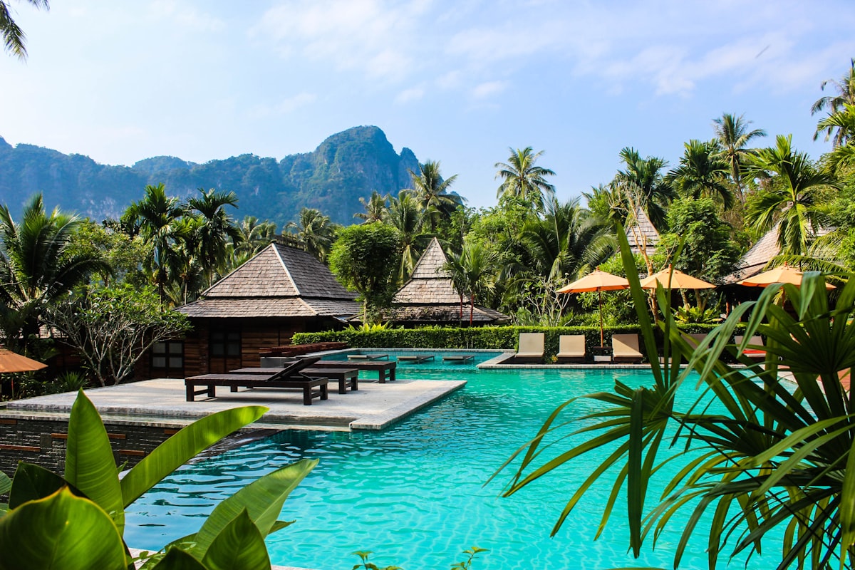 Tropical resort pool framed by palms with mountains beyond